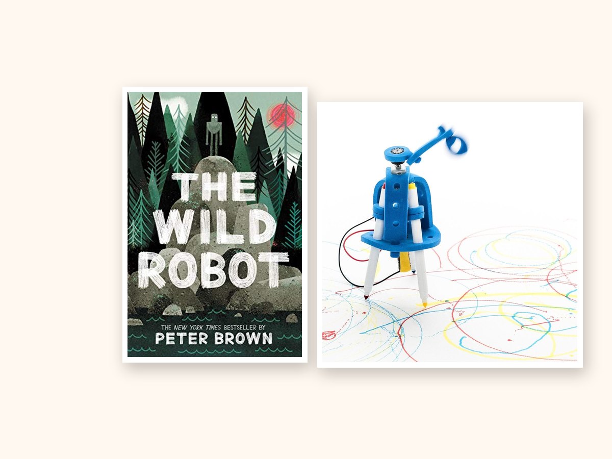 The Wild Robot book cover beside a finished Drawbots build with its marker drawings